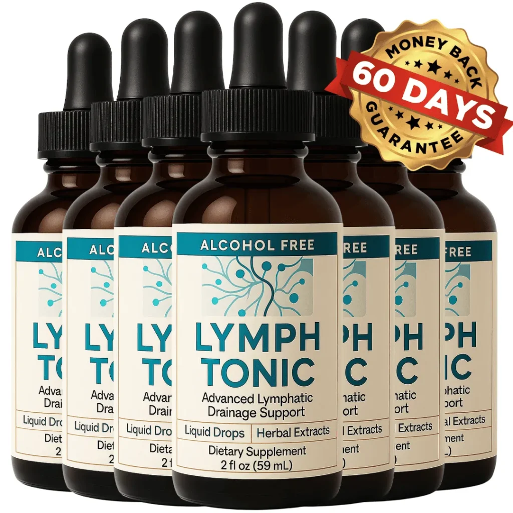 Premium package of Lymph Tonic featuring 6 bottles for a complete 6-month supply. Includes maximum discount pricing, free shipping, and the official original formula bottles grouped together on a clean background.